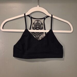 Three Bird Nest Floral Tattoo Bralette Womens Size M/L Black Sheer Boho Festival